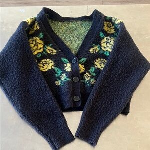 Floral Knit Cardigan with Yellow Roses